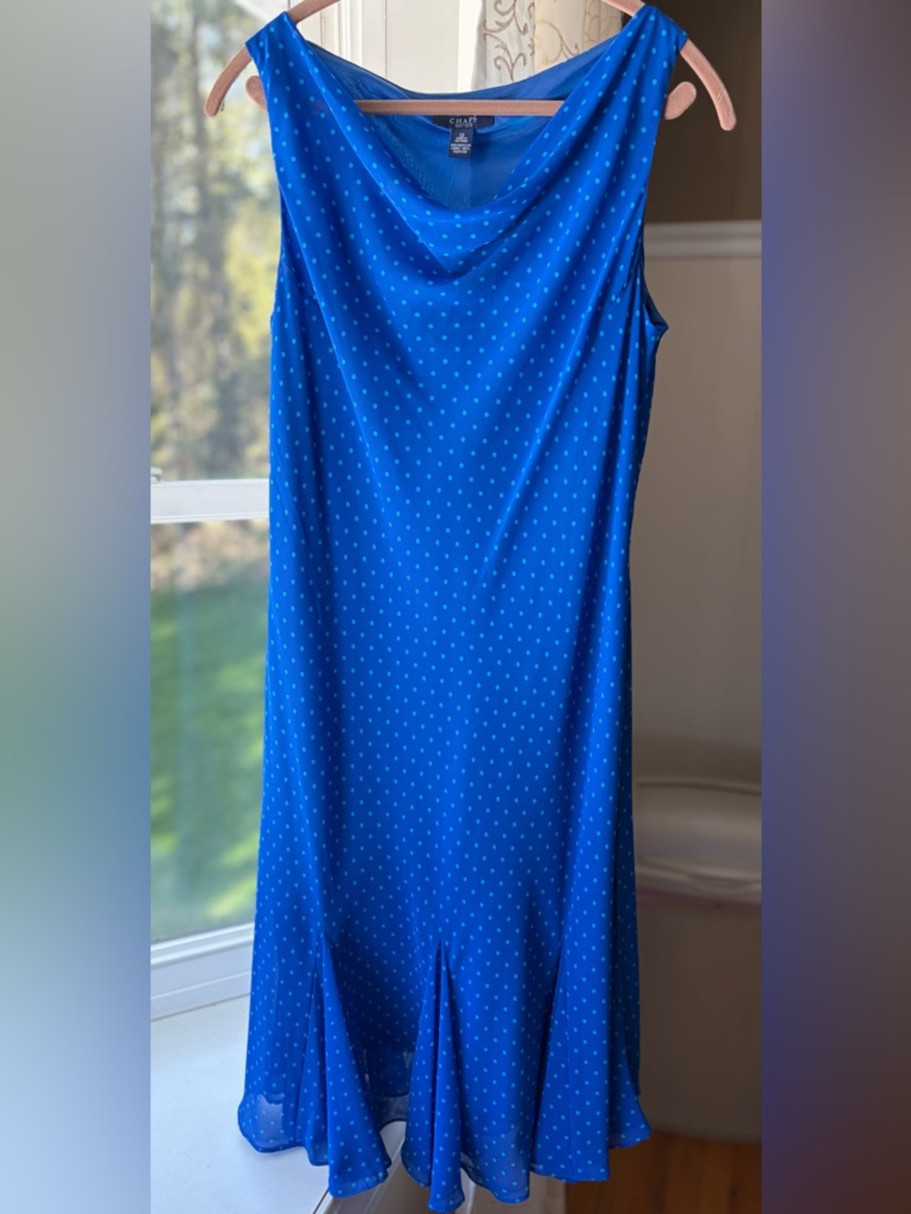 NWT Chaps Royal Blue & Turquoise Bias Cut Polka Dot Cowl Neck Dress Sz 12